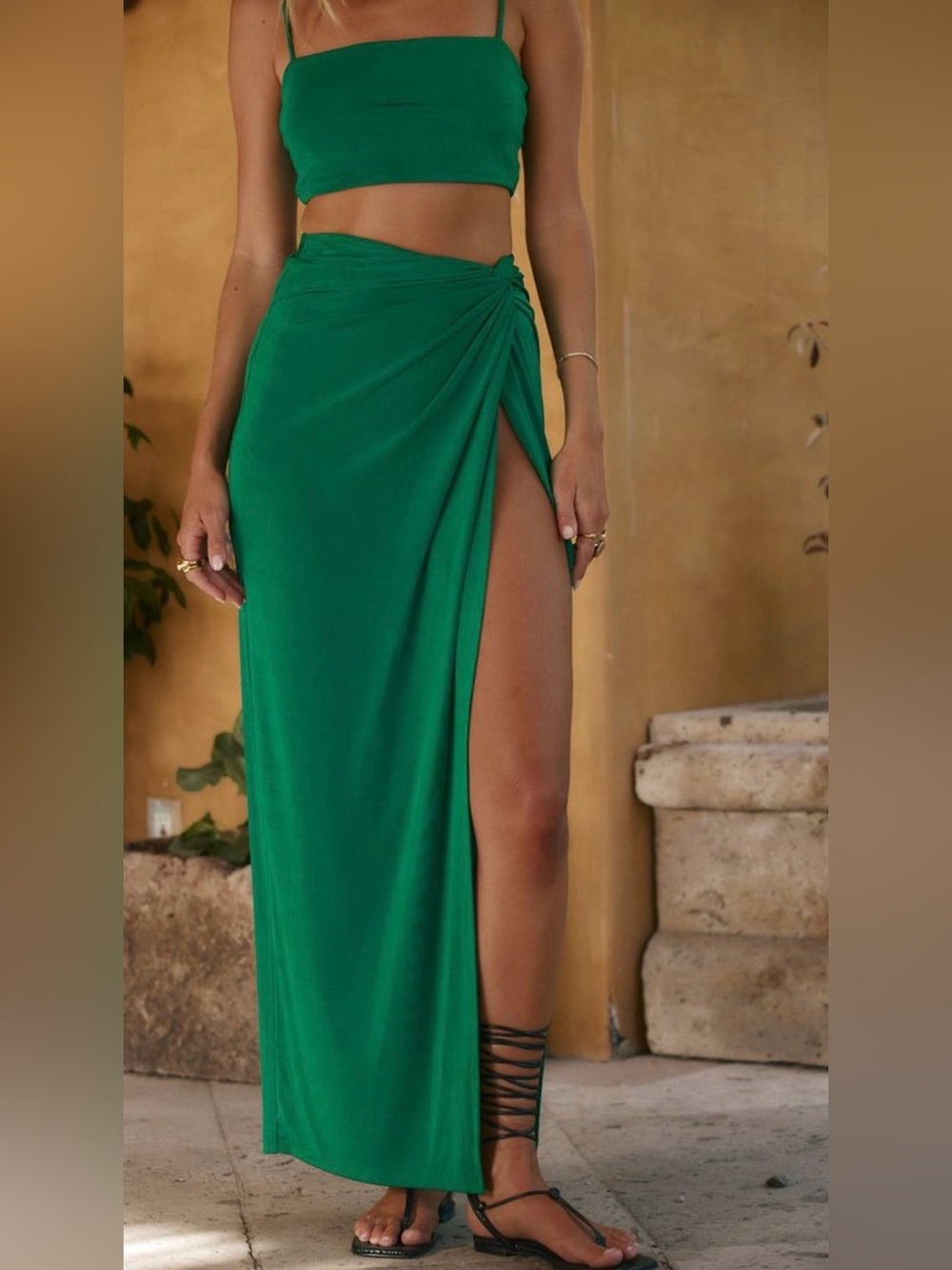 12th Tribe Emerald Green Knot-Front Maxi Skirt Set